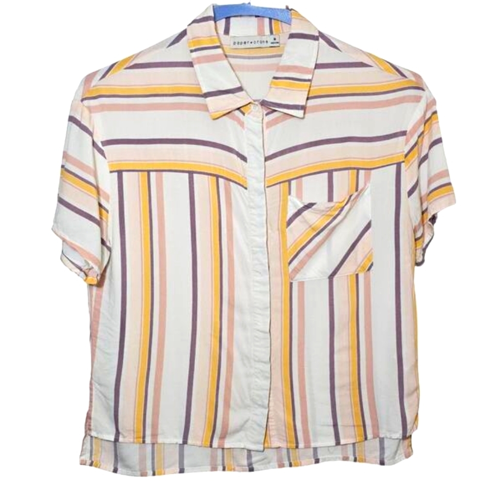 Paper Crane Womens Medium Button‎ Cropped Shirt Boxy Striped Pastel Retro Flowy